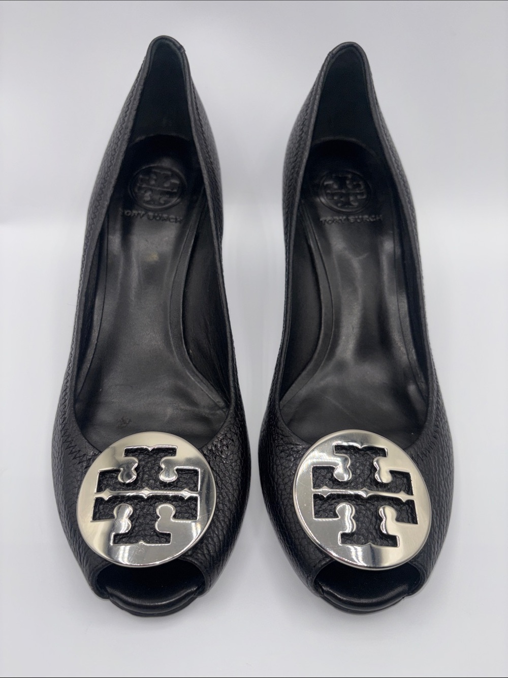 Tory Burch Black Leather Peep-Toe Wedges with Silver Logo Medallion